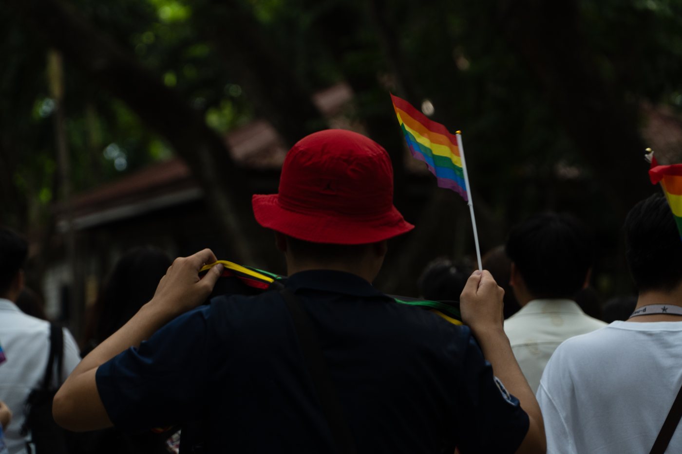 Seen from behind, a marcher in a red bucket hat holds up a small rainbow flag. Ribbons are draped over one shoulder. The background falls away into dark green foliage.